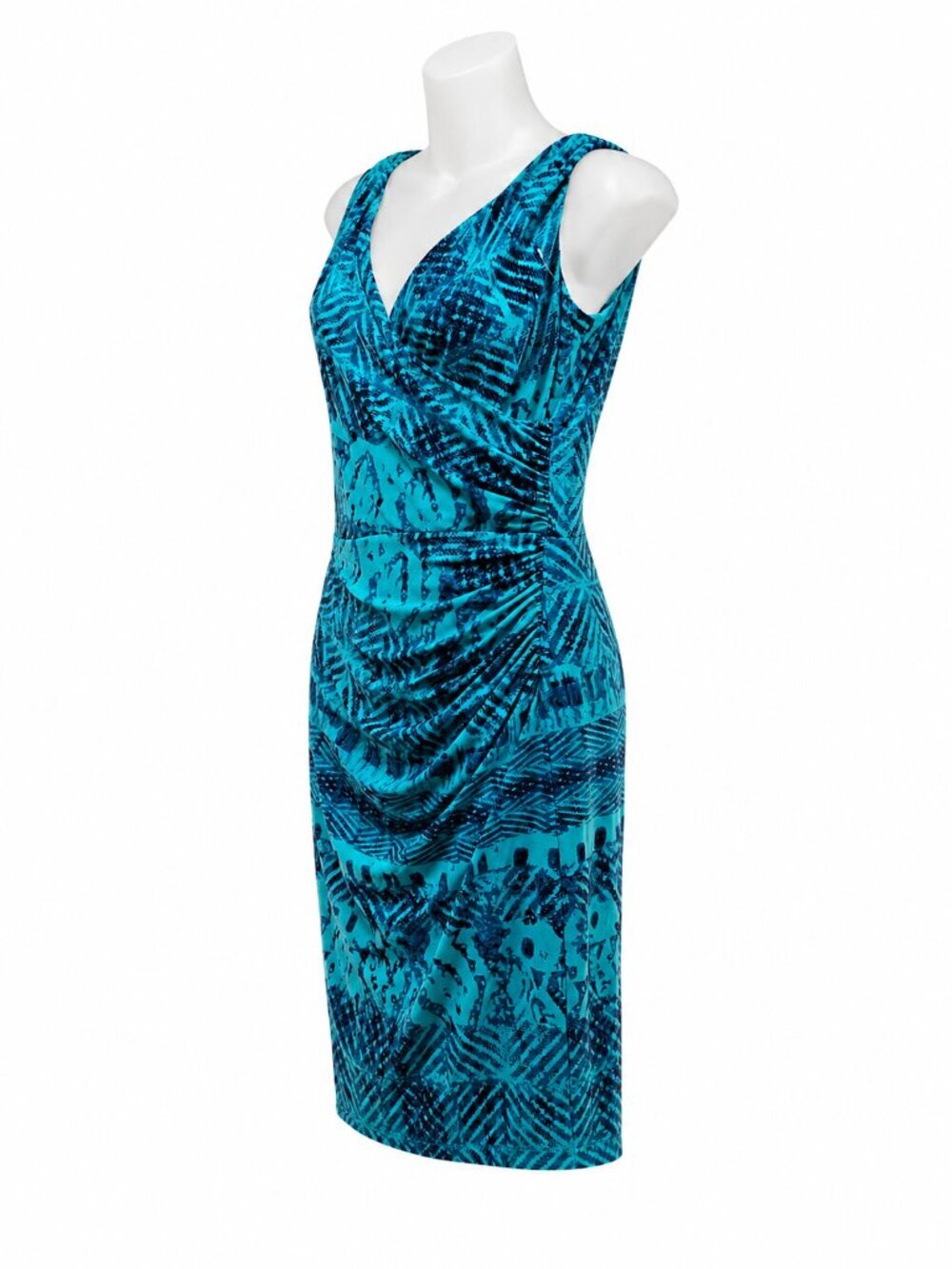 Lauren Ralph Lauren Blue Geometric Ruched V-Neck Sheath Dress Size 6 - Picture 2 of 7